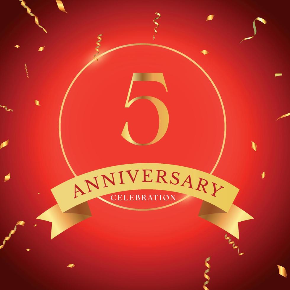 5 years anniversary celebration with gold frame and gold confetti isolated on red background. Vector design for greeting card, birthday party, wedding, event party. 5 years Anniversary logo.