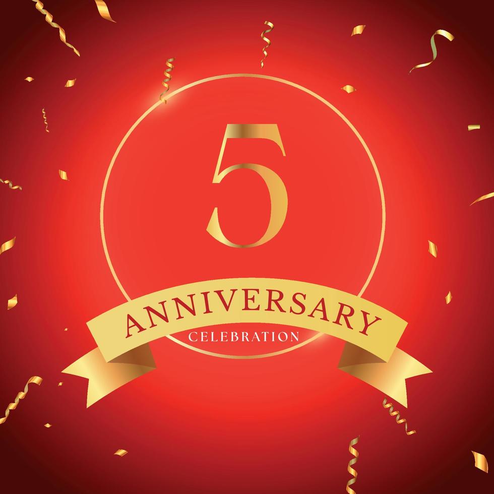 Celebración del aniversario de 5 años con marco dorado y confeti dorado aislado en fondo rojo. diseño vectorial para tarjetas de felicitación, fiesta de cumpleaños, boda, fiesta de eventos. Logotipo de aniversario de 5 años. vector