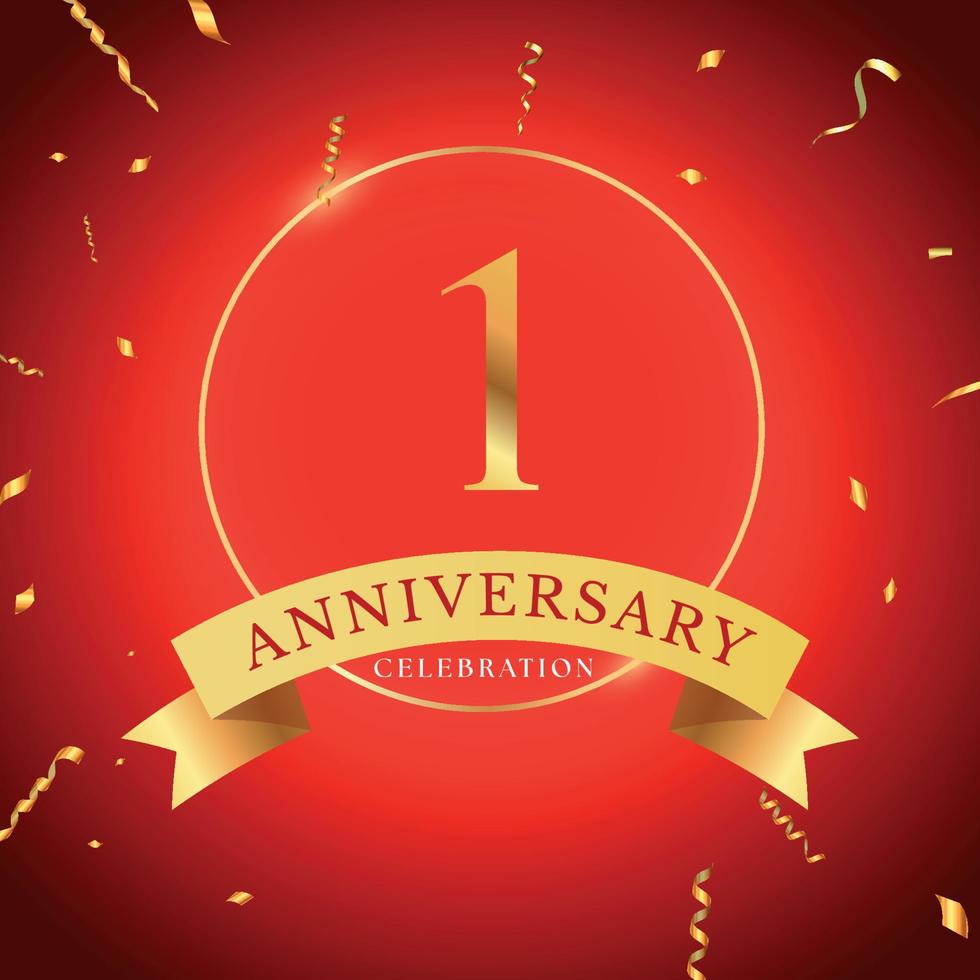 1 years anniversary celebration with gold frame and gold confetti isolated on red background. Vector design for greeting card, birthday party, wedding, event party. 1 years Anniversary logo.