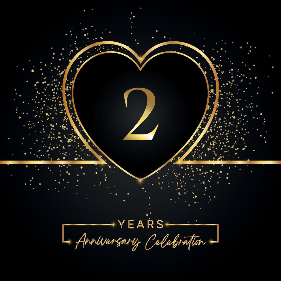 2 years anniversary celebration with gold heart and gold glitter on black background. Vector design for greeting, birthday party, wedding, event party. 2 years anniversary logo