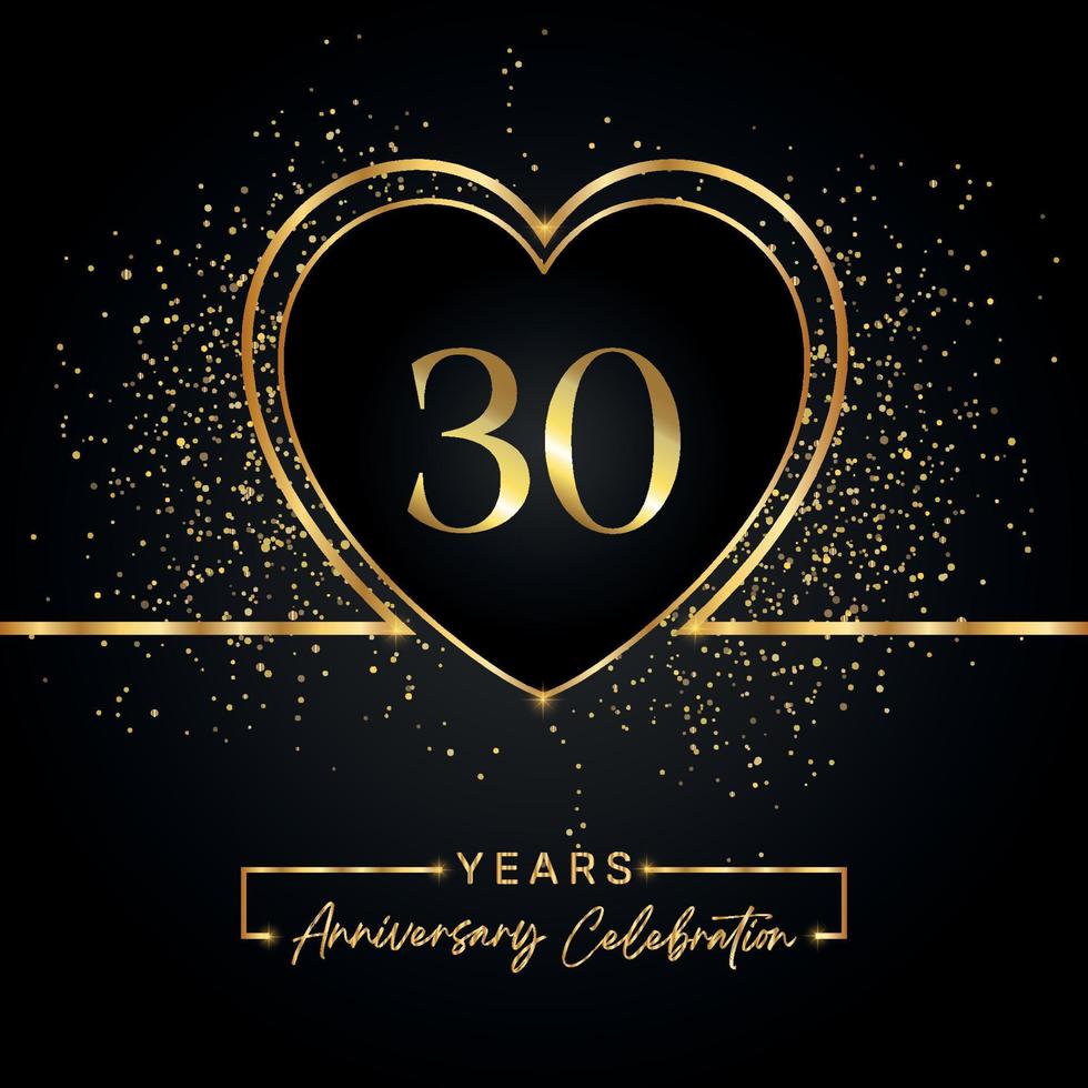 30 years anniversary celebration with gold heart and gold glitter on black background. Vector design for greeting, birthday party, wedding, event party. 30 years anniversary logo