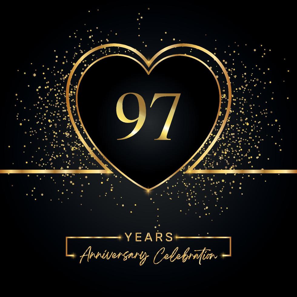 97 years anniversary celebration with gold heart and gold glitter on black background. Vector design for greeting, birthday party, wedding, event party. 97 years anniversary logo