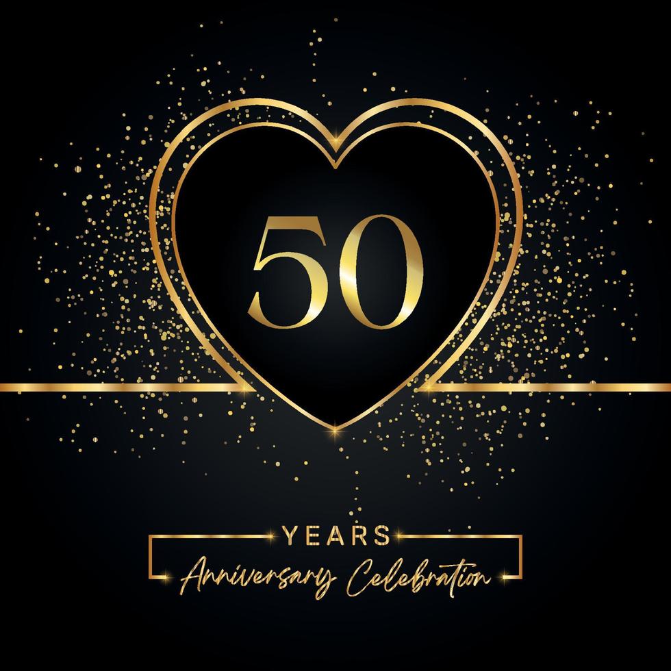50 years anniversary celebration with gold heart and gold glitter on black background. Vector design for greeting, birthday party, wedding, event party. 50 years anniversary logo