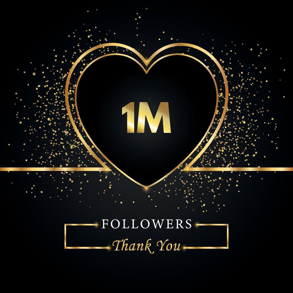 gracias 1m o 1 millón de seguidores con corazón y brillo dorado aislado en fondo negro. plantilla de tarjeta de felicitación para amigos y seguidores de las redes sociales. gracias, seguidores, logro. vector