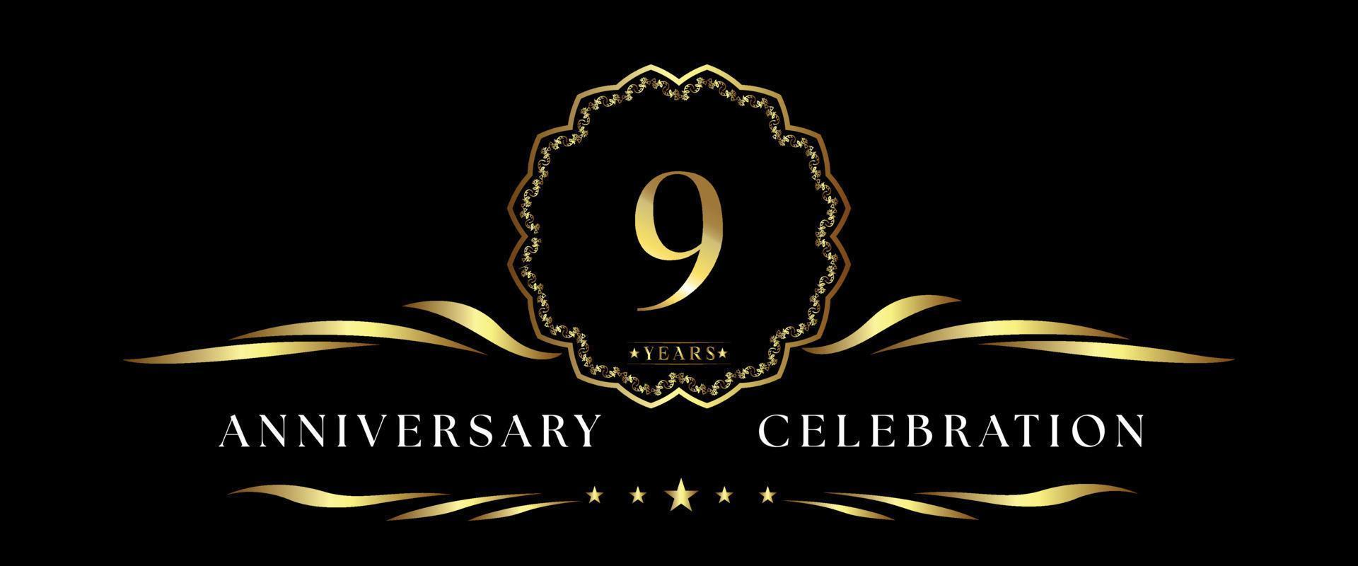 9 years anniversary celebration with gold decorative frame isolated on black background. Vector design for greeting card, birthday party, wedding, event party, ceremony. 9 years Anniversary logo.