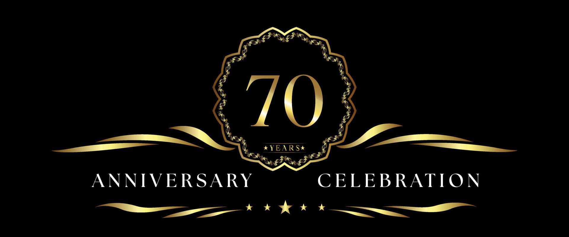 Celebración del aniversario de 70 años con marco decorativo dorado aislado en fondo negro. diseño vectorial para tarjetas de felicitación, fiesta de cumpleaños, boda, fiesta de eventos, ceremonia. Logotipo del aniversario de 70 años. vector