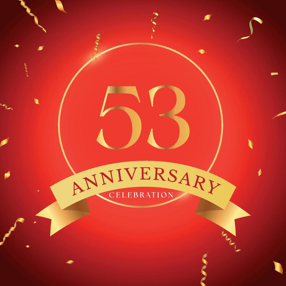 53 years anniversary celebration with gold frame and gold confetti isolated on red background. Vector design for greeting card, birthday party, wedding, event party. 53 years Anniversary logo.