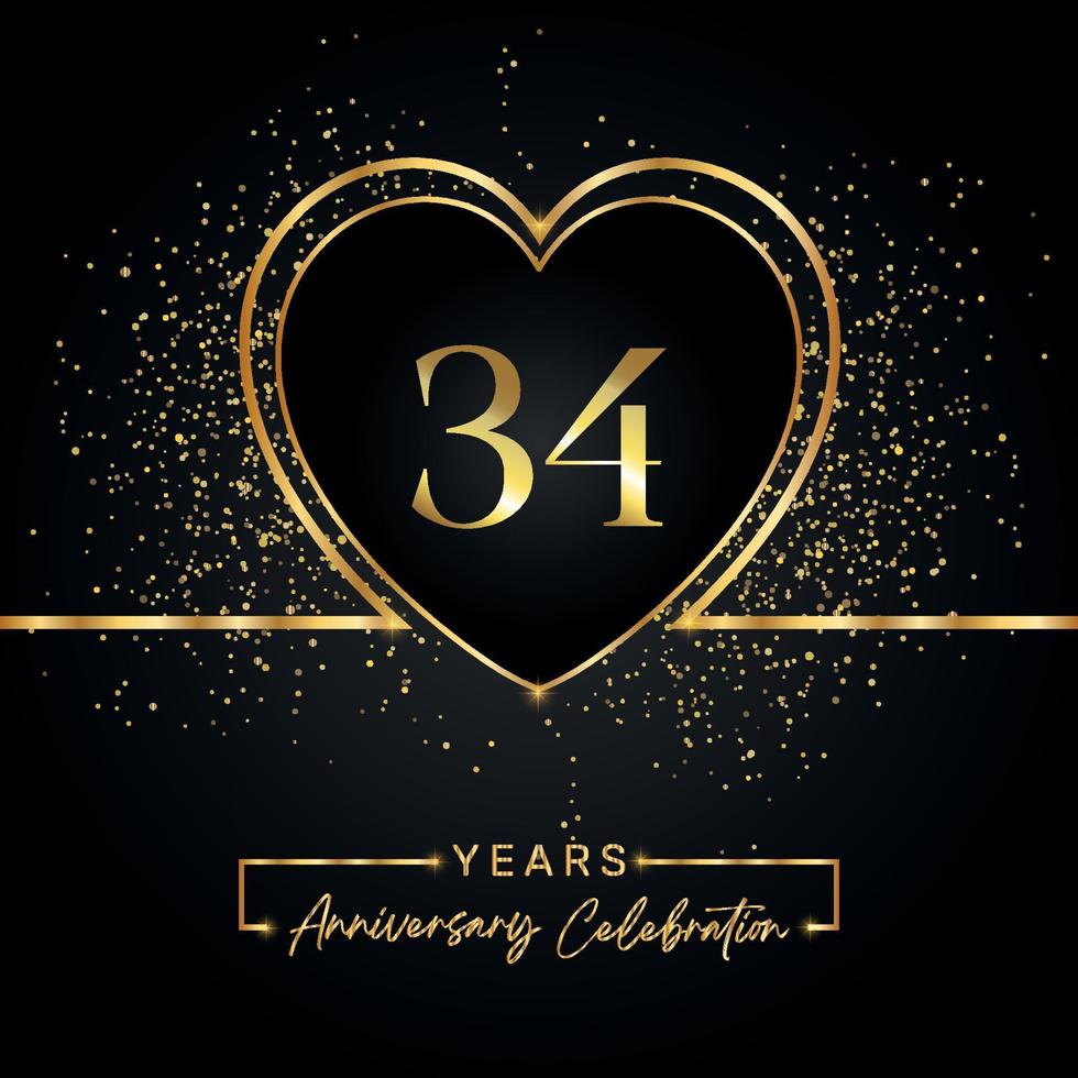 34 years anniversary celebration with gold heart and gold glitter on black background. Vector design for greeting, birthday party, wedding, event party. 34 years anniversary logo