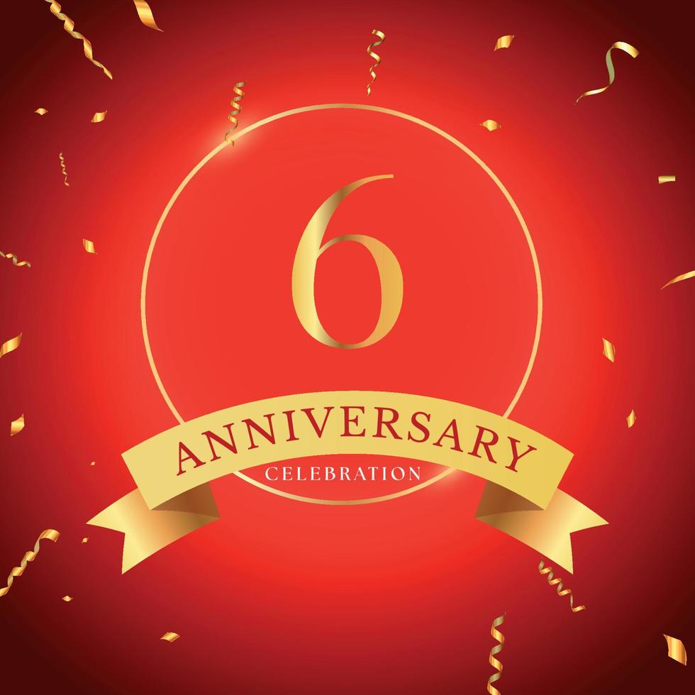 6 years anniversary celebration with gold frame and gold confetti isolated on red background. Vector design for greeting card, birthday party, wedding, event party. 6 years Anniversary logo.