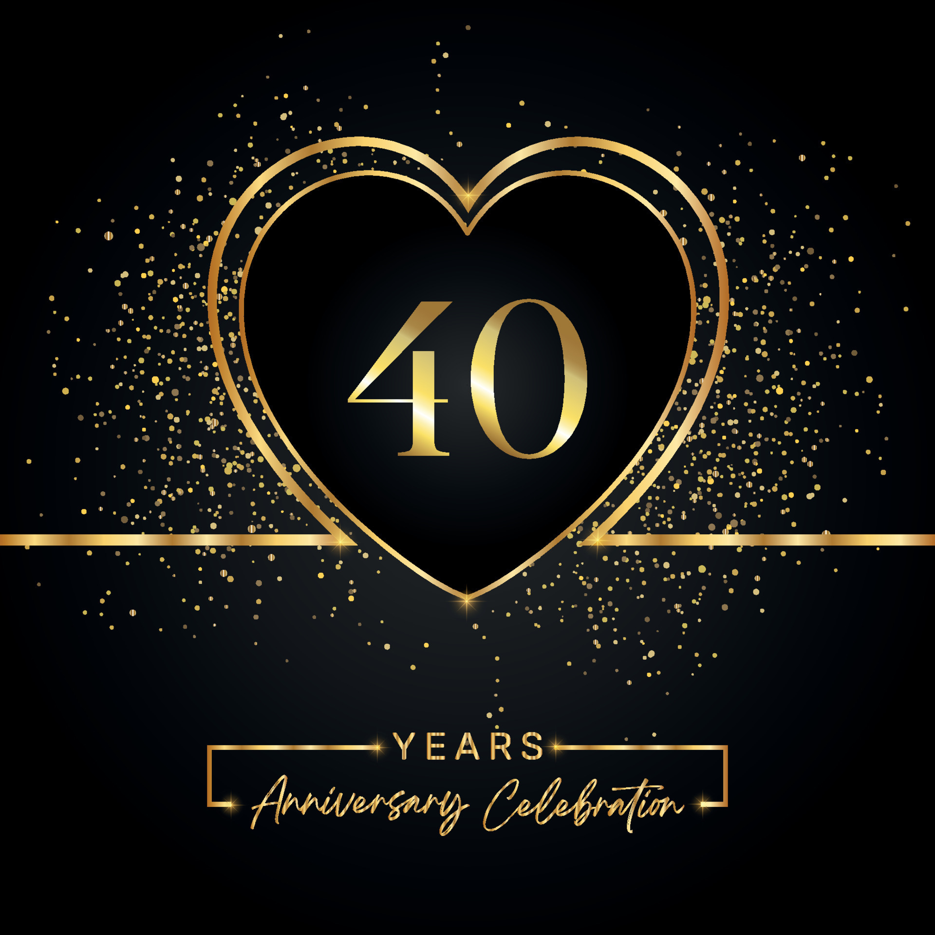 Celebración del aniversario de 40 años con corazón dorado y brillo dorado  sobre fondo negro. diseño