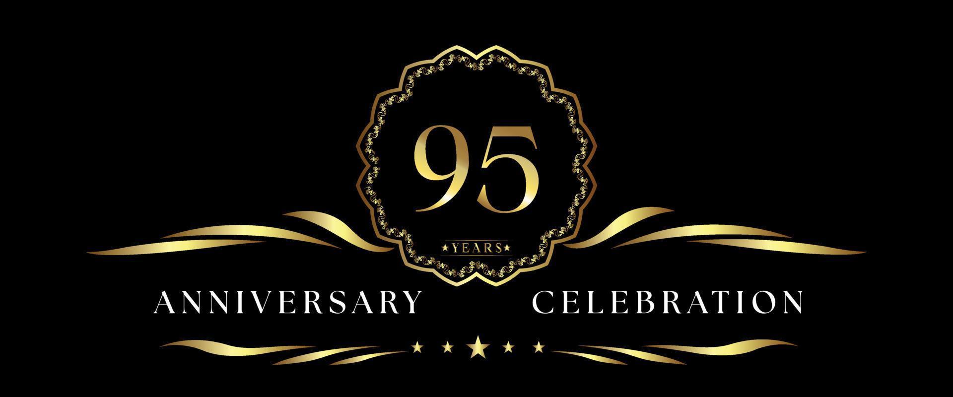 95 years anniversary celebration with gold decorative frame isolated on black background. Vector design for greeting card, birthday party, wedding, event party, ceremony. 95 years Anniversary logo.