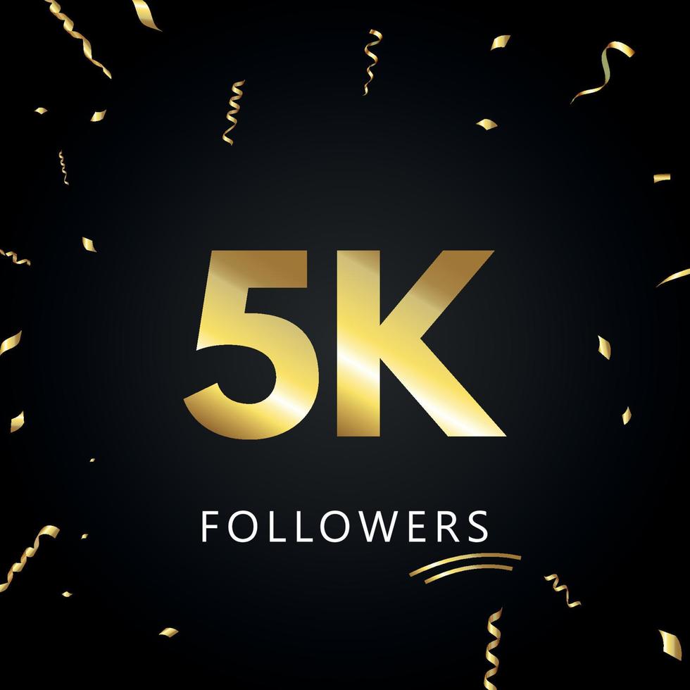 5k o 5 mil seguidores con confeti dorado aislado en fondo negro. plantilla de tarjeta de felicitación para redes sociales amigos y seguidores. gracias, seguidores, logro. vector