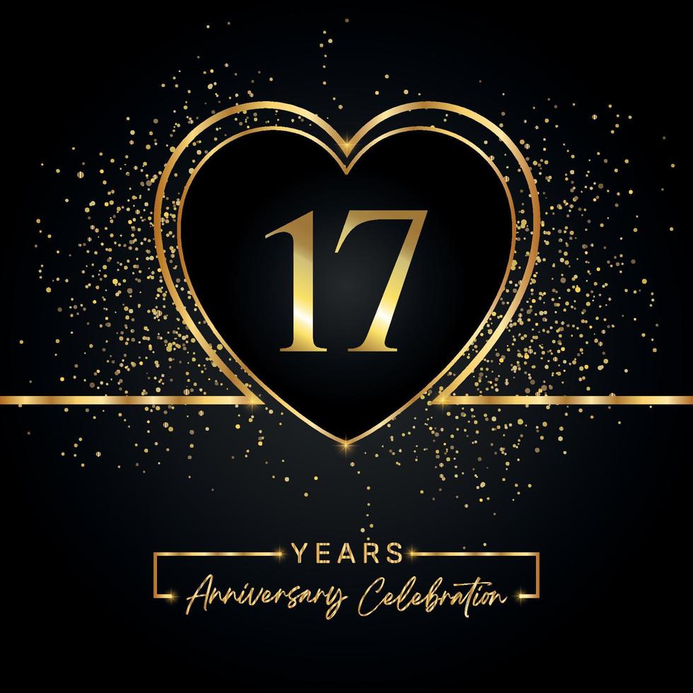 17 years anniversary celebration with gold heart and gold glitter on black background. Vector design for greeting, birthday party, wedding, event party. 17 years anniversary logo