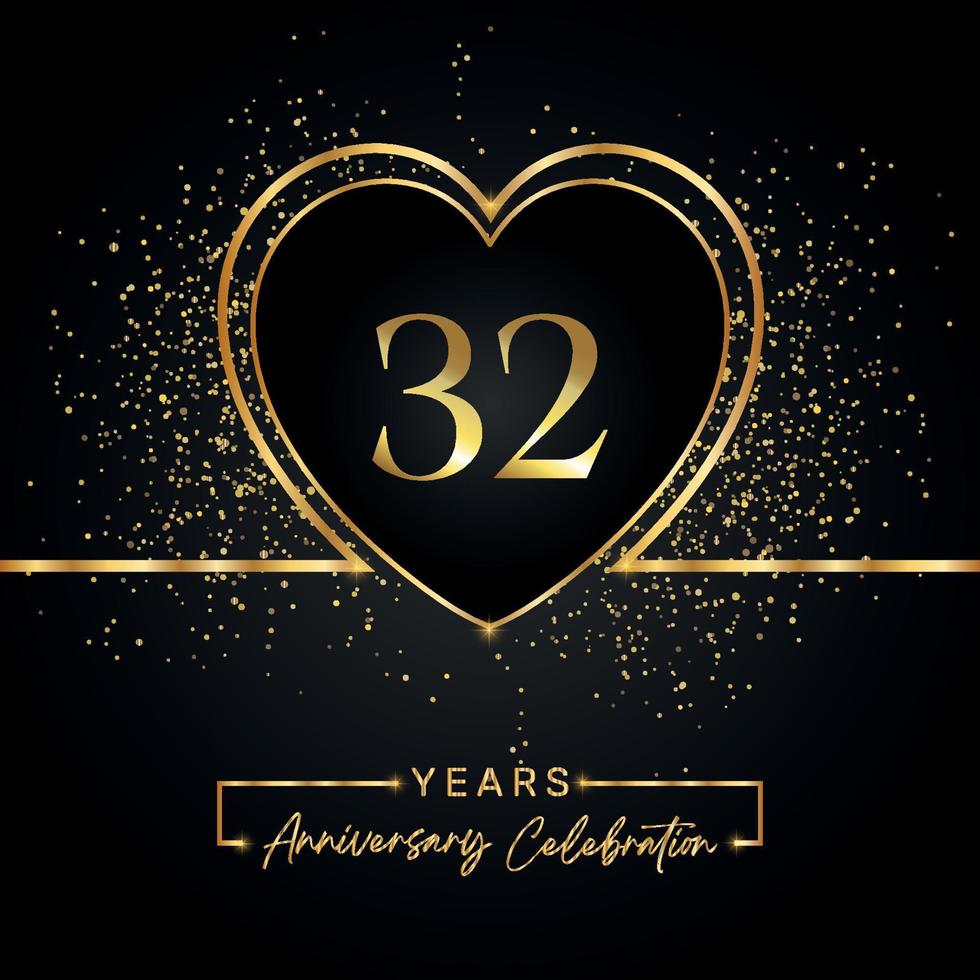 32 years anniversary celebration with gold heart and gold glitter on black background. Vector design for greeting, birthday party, wedding, event party. 32 years anniversary logo