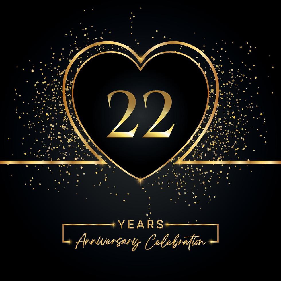 22 years anniversary celebration with gold heart and gold glitter on black background. Vector design for greeting, birthday party, wedding, event party. 22 years anniversary logo