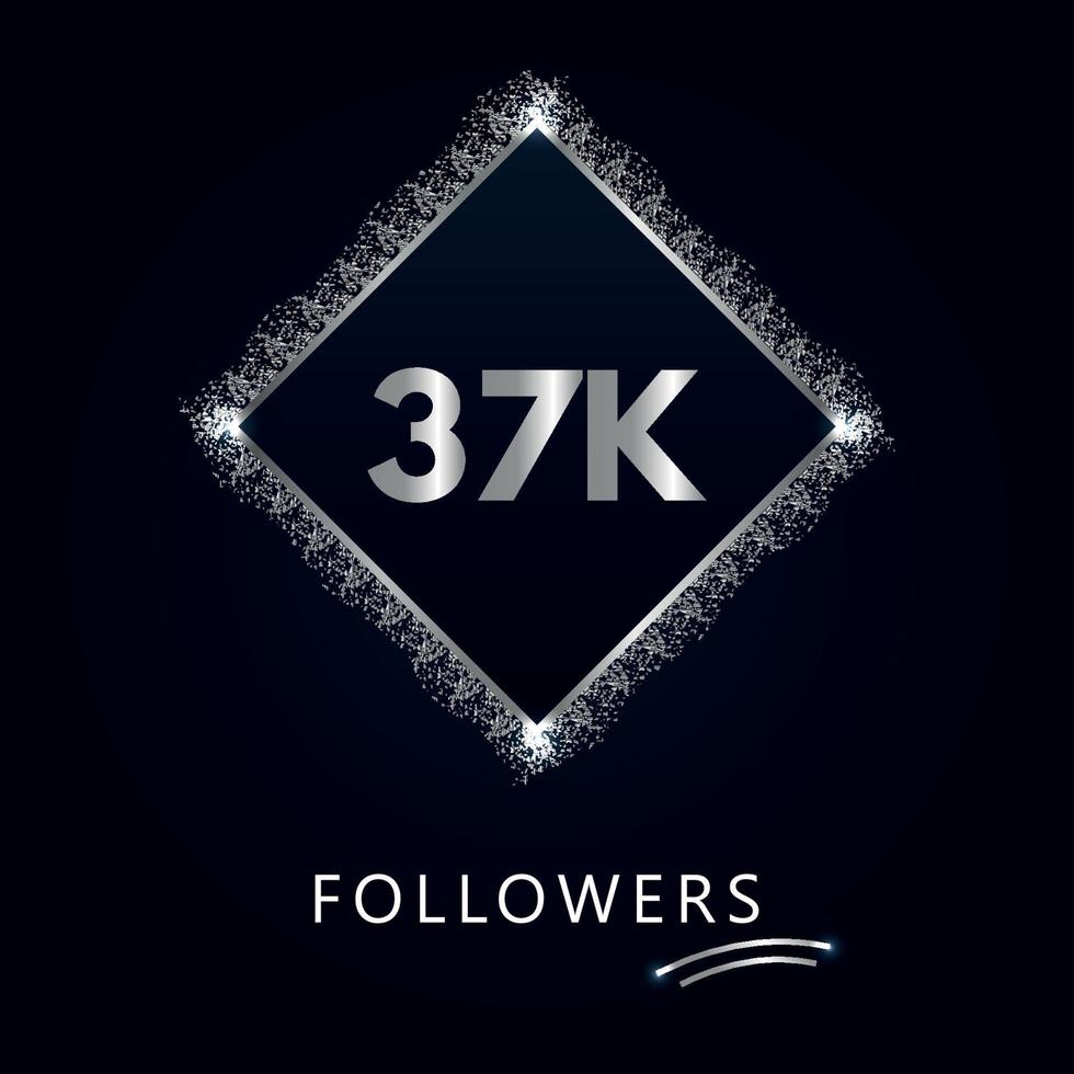 37k o 37 mil seguidores con marco y brillo plateado aislado sobre fondo azul marino oscuro. plantilla de tarjeta de felicitación para amigos y seguidores de las redes sociales. gracias, seguidores, logro. vector