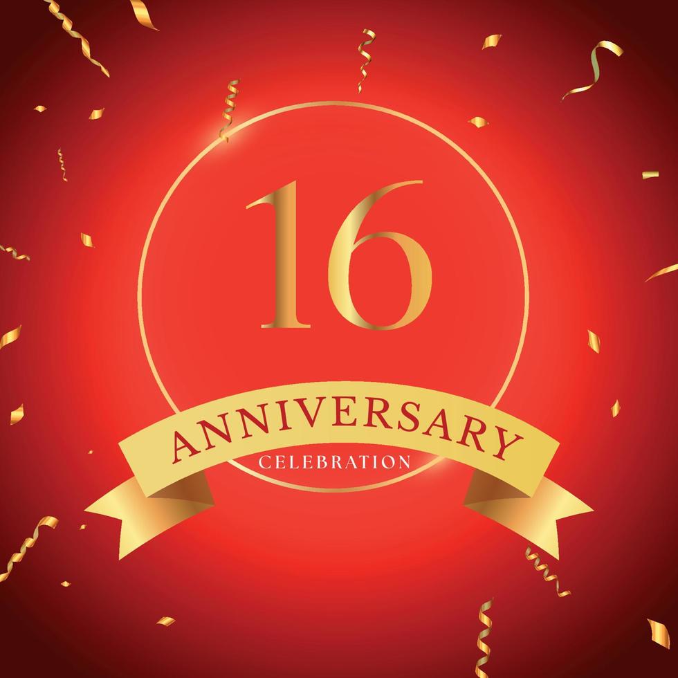 Celebración del aniversario de 16 años con marco dorado y confeti dorado aislado en el fondo rojo. diseño vectorial para tarjetas de felicitación, fiesta de cumpleaños, boda, fiesta de eventos. Logotipo de aniversario de 16 años. vector