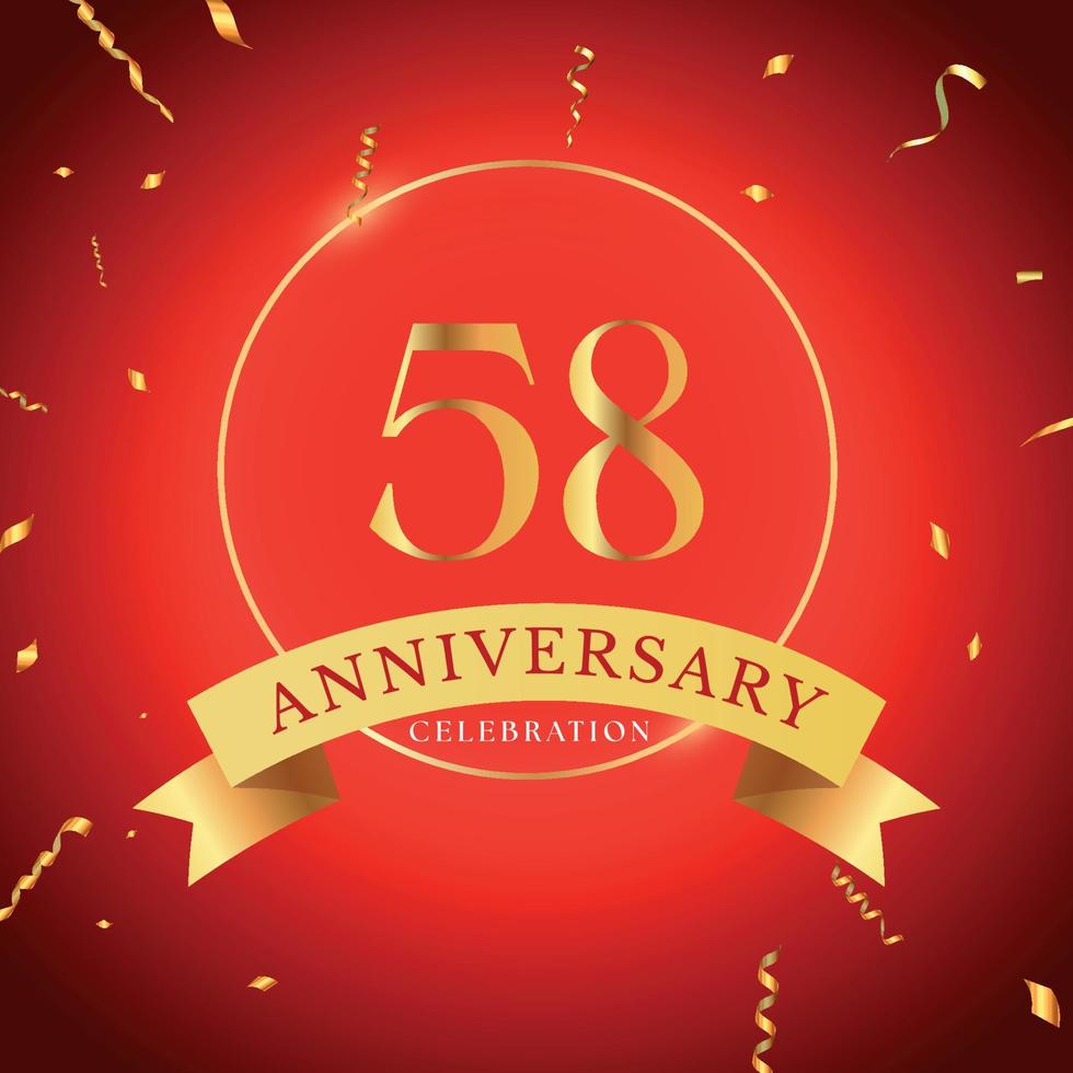 Celebración del aniversario de 58 años con marco dorado y confeti dorado aislado en fondo rojo. diseño vectorial para tarjetas de felicitación, fiesta de cumpleaños, boda, fiesta de eventos. Logotipo de aniversario de 58 años. vector