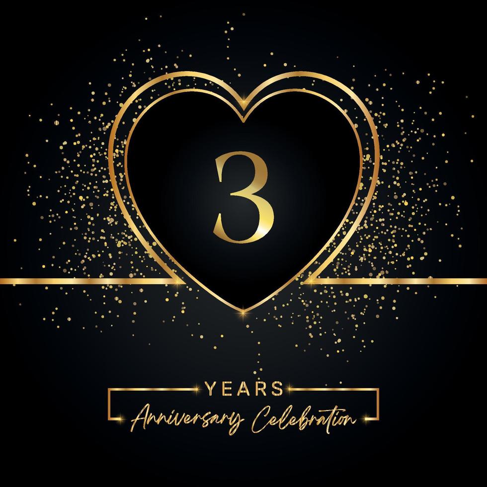 3 years anniversary celebration with gold heart and gold glitter on black background. Vector design for greeting, birthday party, wedding, event party. 3 years anniversary logo