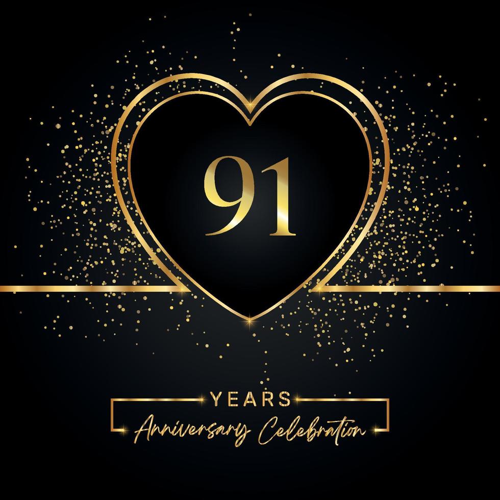 91 years anniversary celebration with gold heart and gold glitter on black background. Vector design for greeting, birthday party, wedding, event party. 91 years anniversary logo