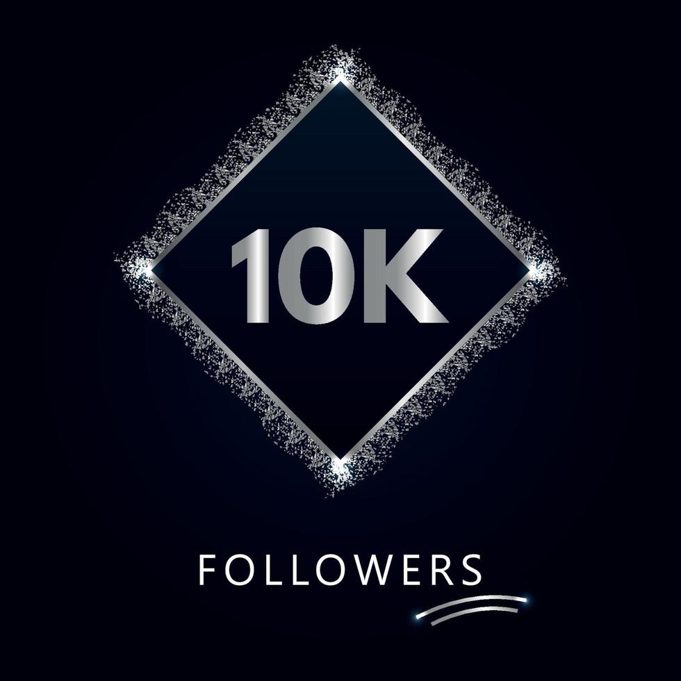 10k o 10 mil seguidores con marco y brillo plateado aislado sobre fondo azul marino oscuro. plantilla de tarjeta de felicitación para redes sociales amigos y seguidores. gracias, seguidores, logro. vector