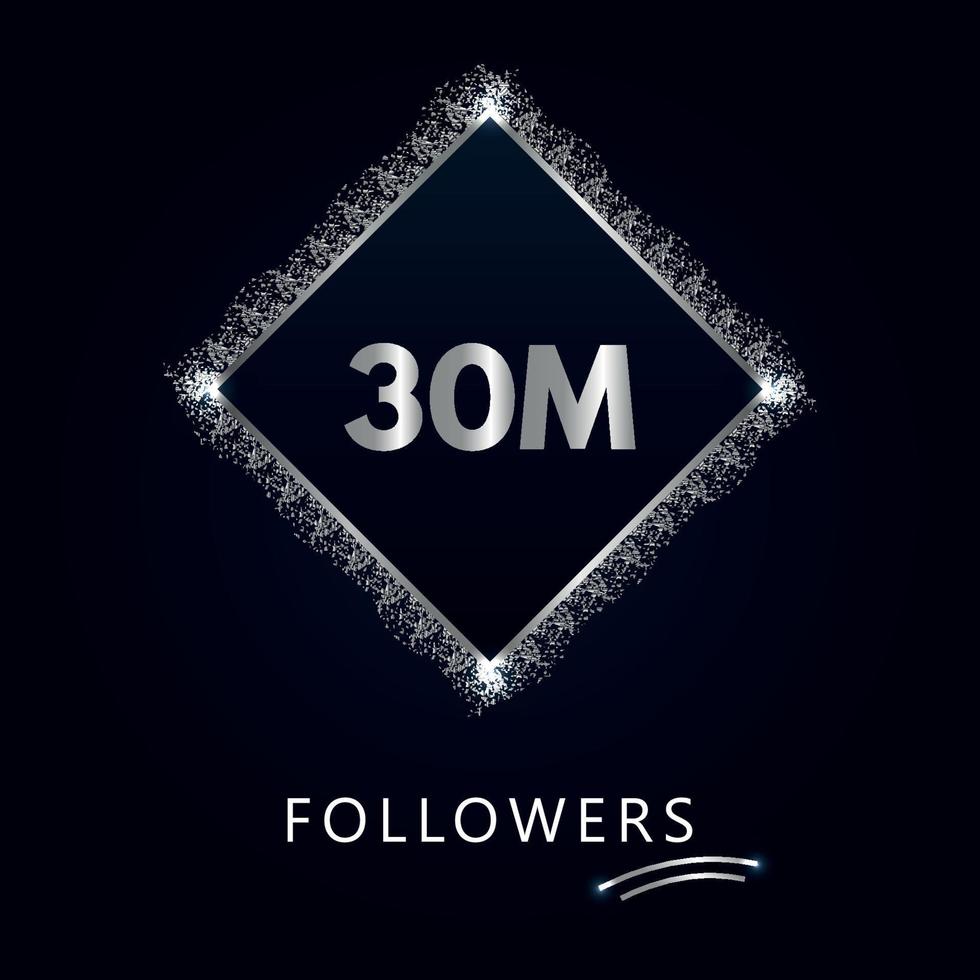 30M with silver glitter isolated on a navy-blue background. Greeting card template for social networks likes, subscribers, celebrating, friends, and followers. 30 million followers vector