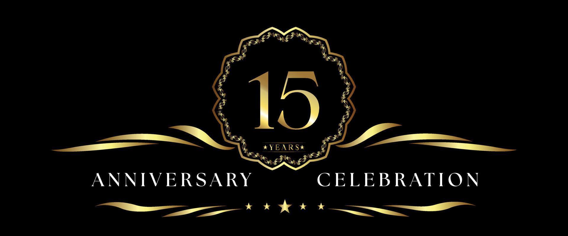 15 years anniversary celebration with gold decorative frame isolated on black background. Vector design for greeting card, birthday party, wedding, event party, ceremony. 15 years Anniversary logo.