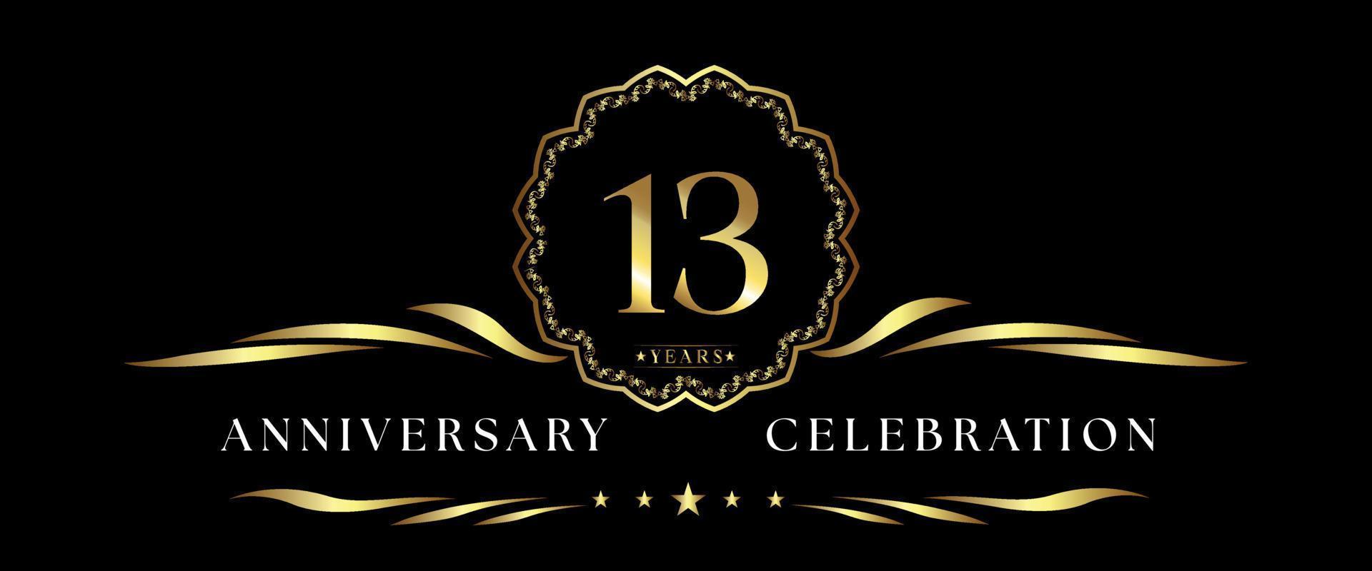 13 years anniversary celebration with gold decorative frame isolated on black background. Vector design for greeting card, birthday party, wedding, event party, ceremony. 13 years Anniversary logo.