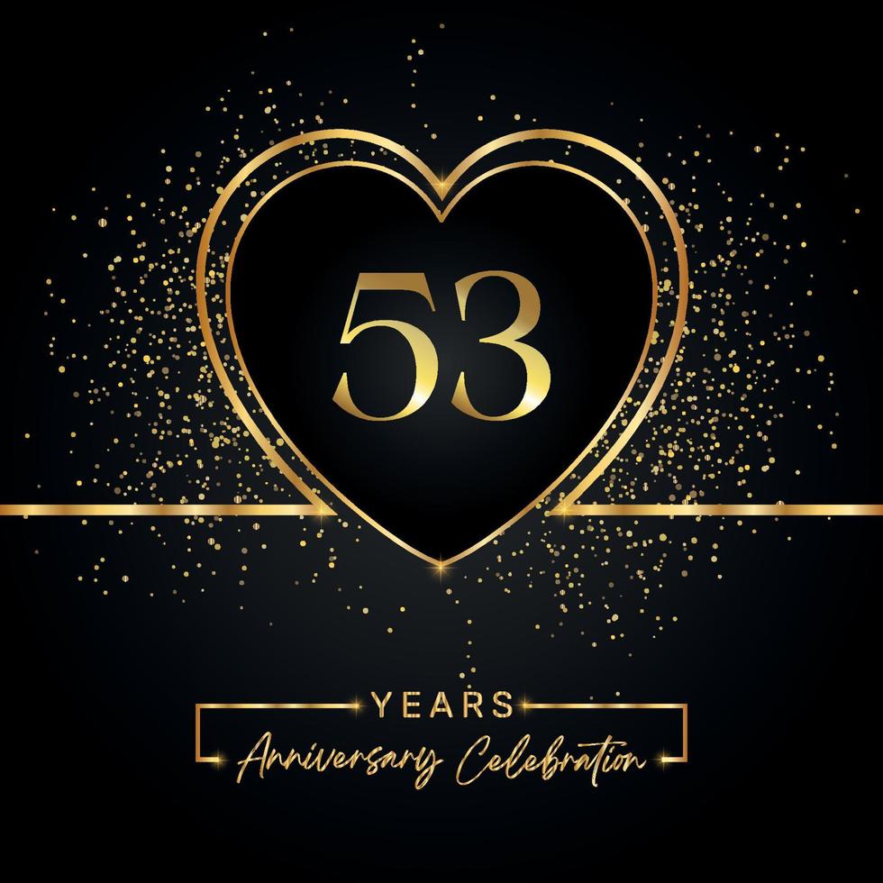 53 years anniversary celebration with gold heart and gold glitter on black background. Vector design for greeting, birthday party, wedding, event party. 53 years anniversary logo