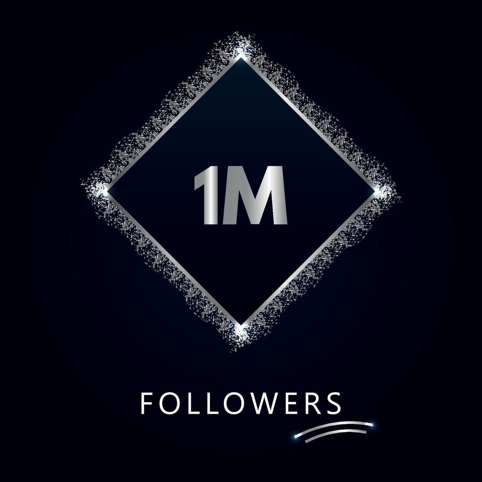 1M with silver glitter isolated on a navy-blue background. Greeting card template for social networks likes, subscribers, celebrating, friends, and followers. 1 million followers vector