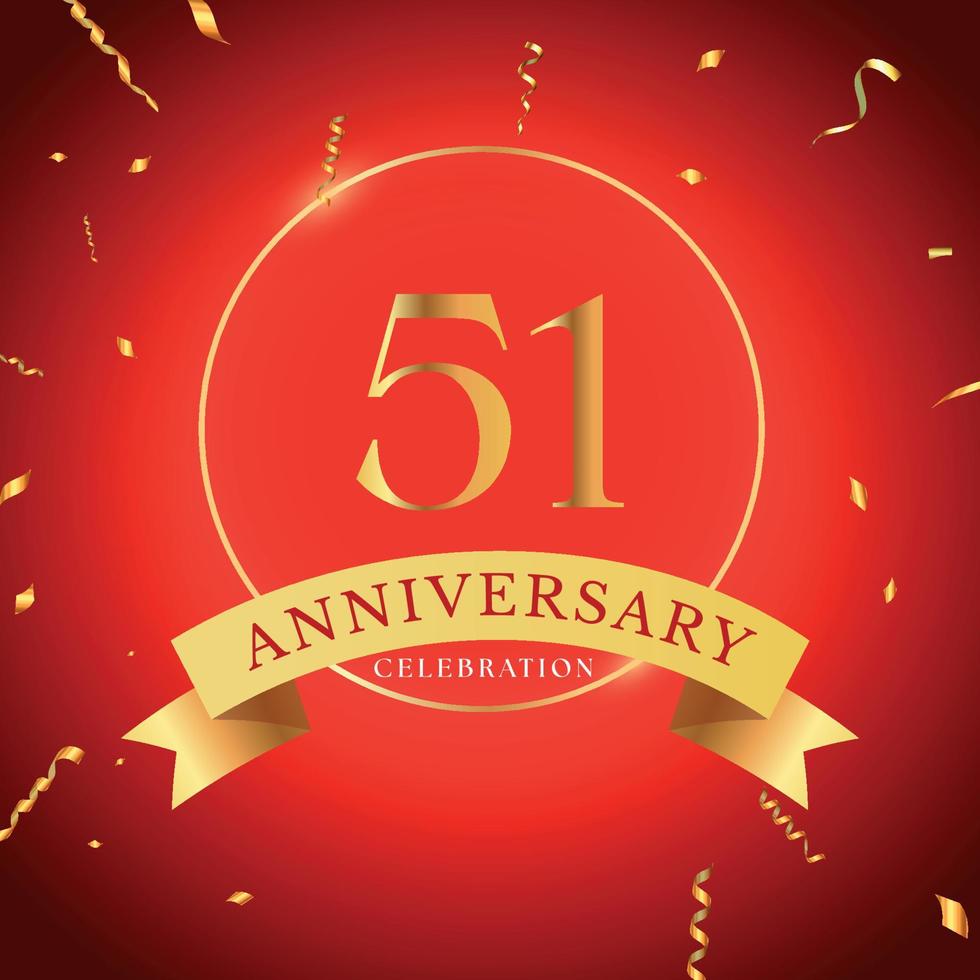 51 years anniversary celebration with gold frame and gold confetti isolated on red background. Vector design for greeting card, birthday party, wedding, event party. 51 years Anniversary logo.