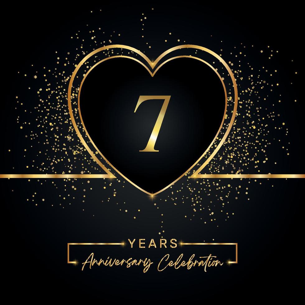 Celebración del aniversario de 7 años con corazón dorado y brillo dorado sobre fondo negro. diseño vectorial para saludo, fiesta de cumpleaños, boda, fiesta de eventos. logotipo de aniversario de 7 años vector