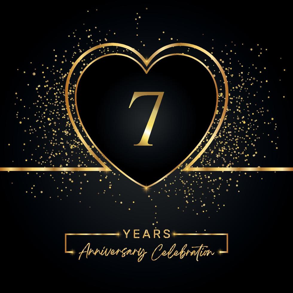 7 years anniversary celebration with gold heart and gold glitter on black background. Vector design for greeting, birthday party, wedding, event party. 7 years anniversary logo