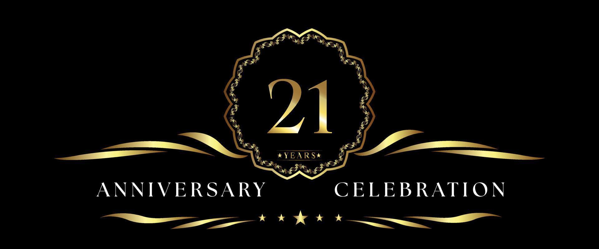 Celebración del aniversario de 21 años con marco decorativo dorado aislado en fondo negro. diseño vectorial para tarjetas de felicitación, fiesta de cumpleaños, boda, fiesta de eventos, ceremonia. Logotipo de aniversario de 21 años. vector