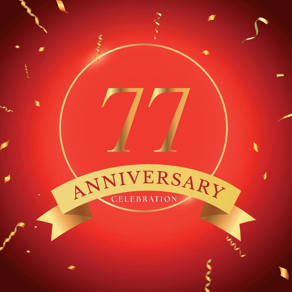 77 years anniversary celebration with gold frame and gold confetti isolated on red background. Vector design for greeting card, birthday party, wedding, event party. 77 years Anniversary logo.