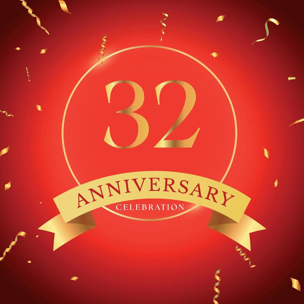 Celebración del aniversario de 32 años con marco dorado y confeti dorado aislado en el fondo rojo. diseño vectorial para tarjetas de felicitación, fiesta de cumpleaños, boda, fiesta de eventos. Logotipo de aniversario de 32 años. vector