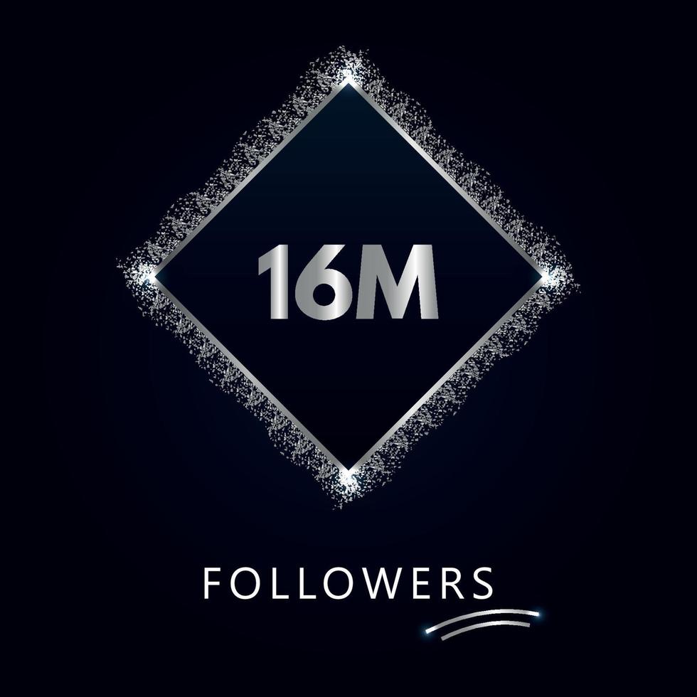 16M with silver glitter isolated on a navy-blue background. Greeting card template for social networks likes, subscribers, celebrating, friends, and followers. 16 million followers vector