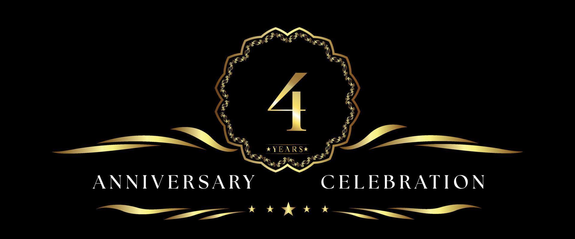 4 years anniversary celebration with gold decorative frame isolated on black background. Vector design for greeting card, birthday party, wedding, event party, ceremony. 4 years Anniversary logo.