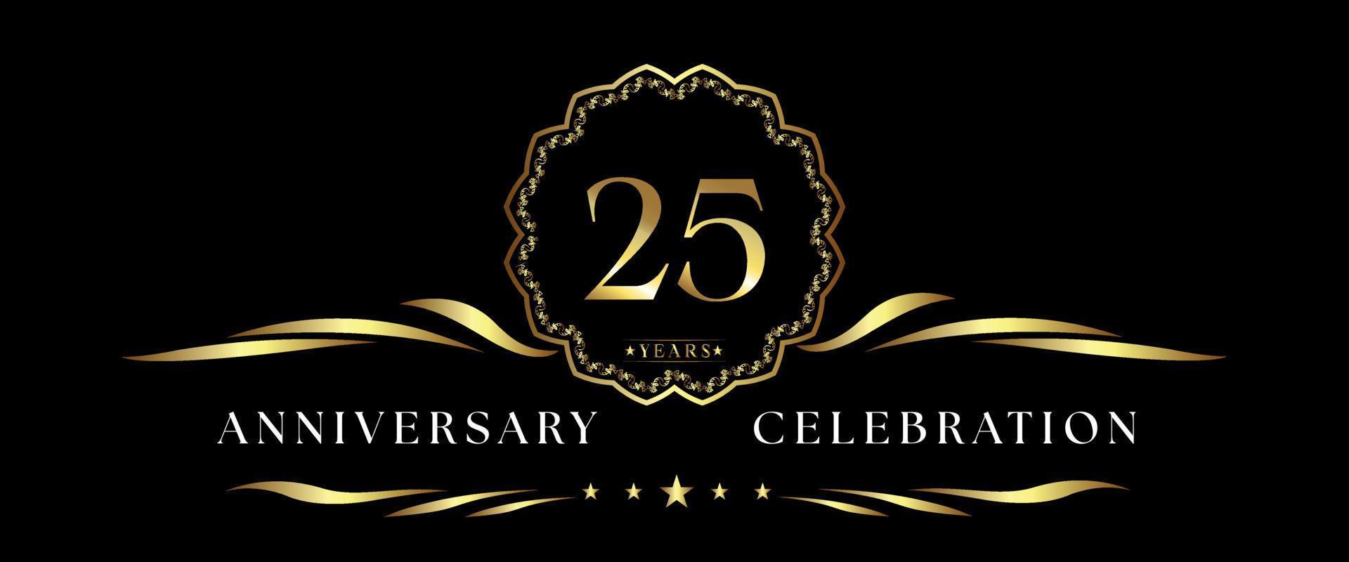 25 years anniversary celebration with gold decorative frame isolated on black background. Vector design for greeting card, birthday party, wedding, event party, ceremony. 25 years Anniversary logo.