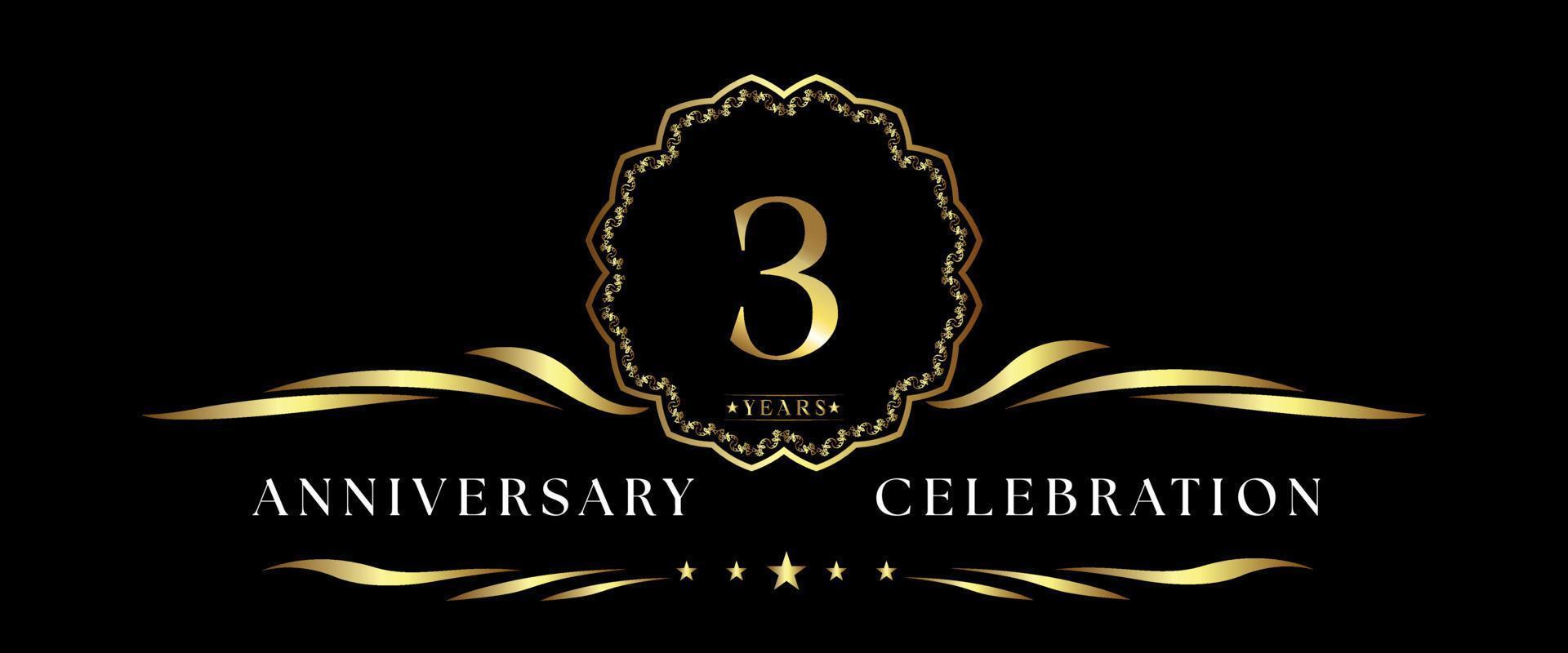 3 years anniversary celebration with gold decorative frame isolated on black background. Vector design for greeting card, birthday party, wedding, event party, ceremony. 3 years Anniversary logo.