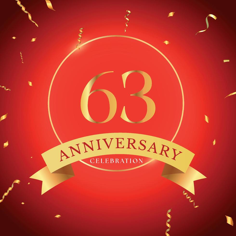 63 years anniversary celebration with gold frame and gold confetti isolated on red background. Vector design for greeting card, birthday party, wedding, event party. 63 years Anniversary logo.