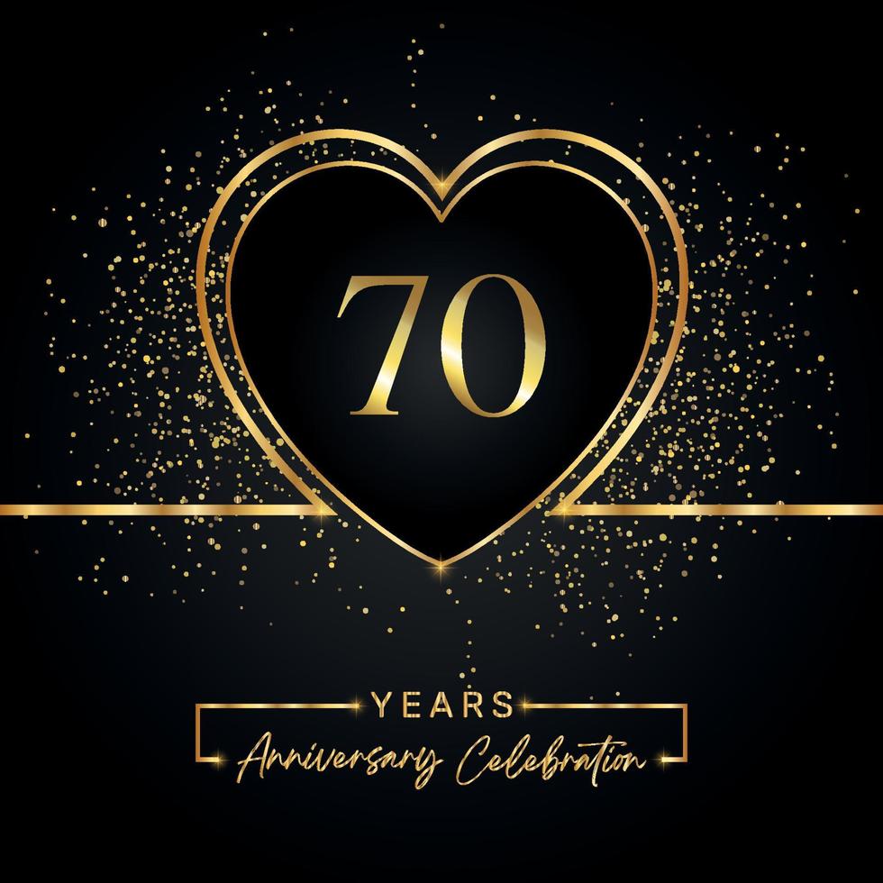70 years anniversary celebration with gold heart and gold glitter on black background. Vector design for greeting, birthday party, wedding, event party. 70 years anniversary logo