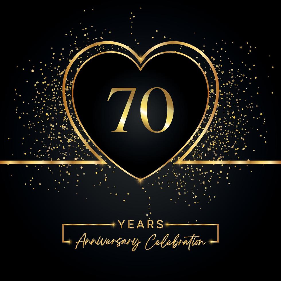 70 years anniversary celebration with gold heart and gold glitter on black background. Vector design for greeting, birthday party, wedding, event party. 70 years anniversary logo