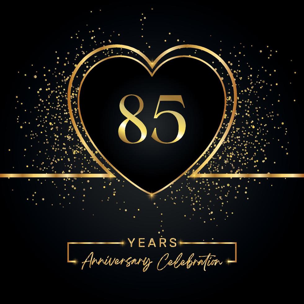 85 years anniversary celebration with gold heart and gold glitter on black background. Vector design for greeting, birthday party, wedding, event party. 85 years anniversary logo