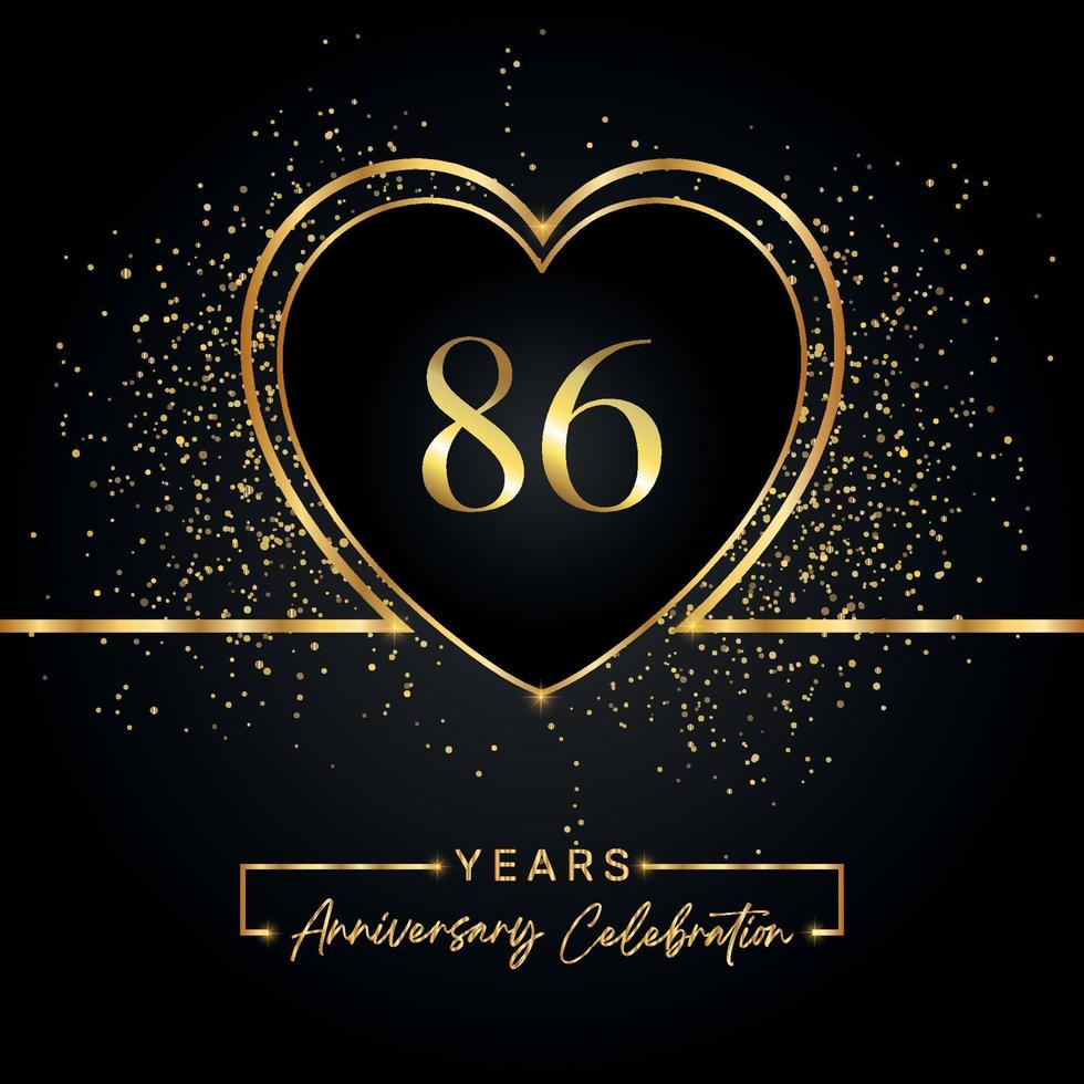 86 years anniversary celebration with gold heart and gold glitter on black background. Vector design for greeting, birthday party, wedding, event party. 86 years anniversary logo