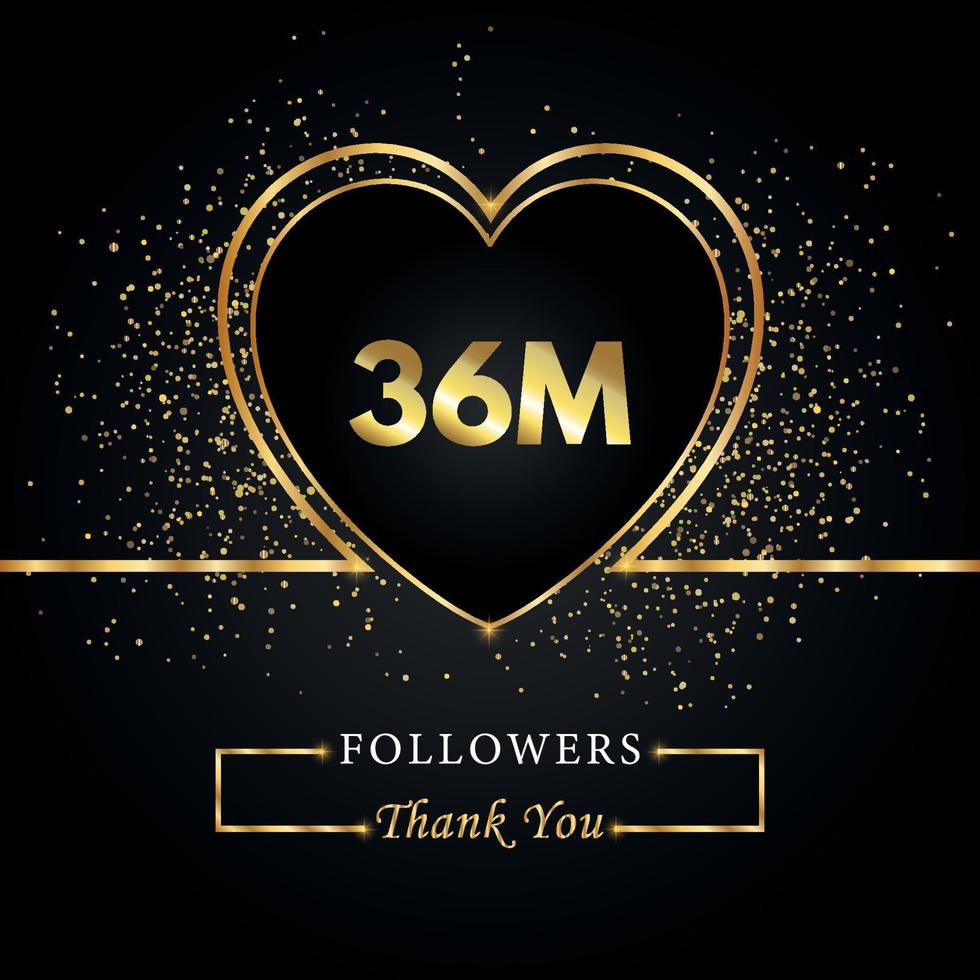 gracias 36m o 36 millones de seguidores con corazón y brillo dorado aislado en fondo negro. plantilla de tarjeta de felicitación para redes sociales amigos y seguidores. gracias, seguidores, logro. vector