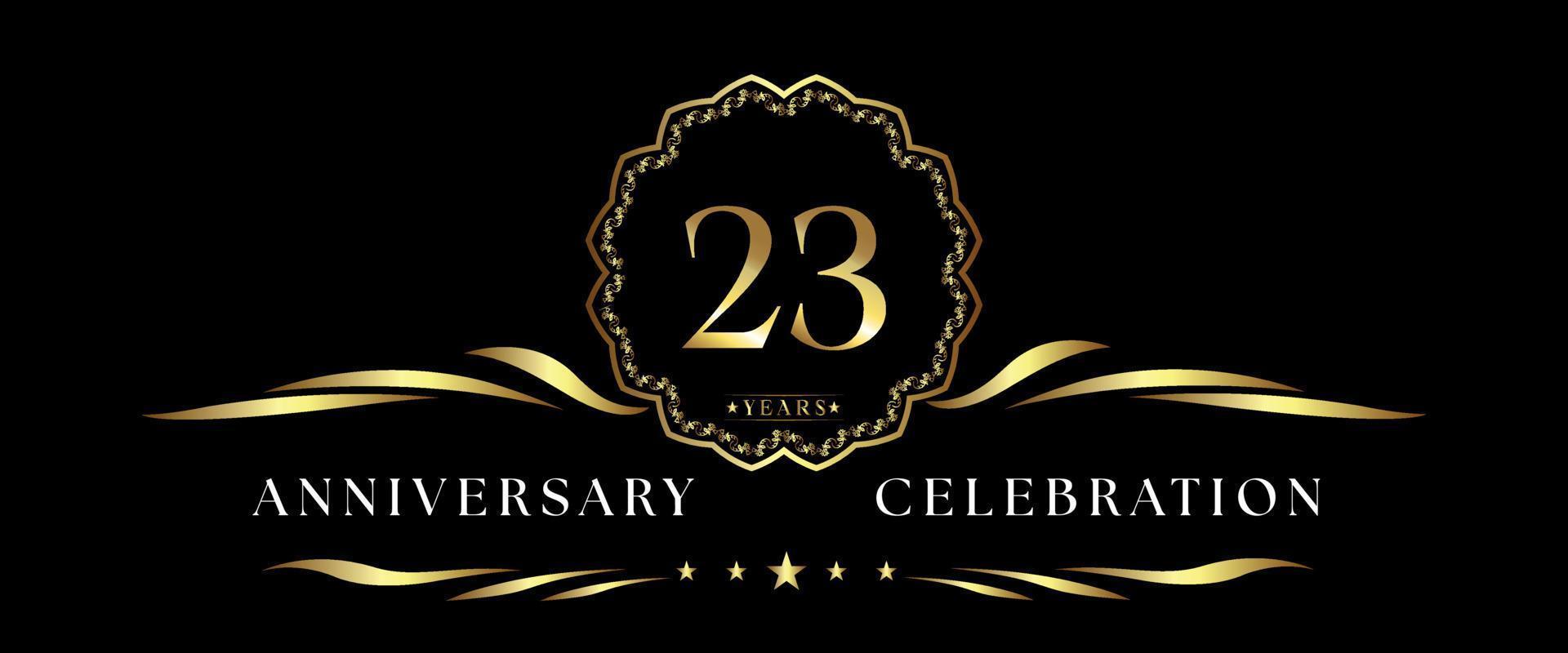23 years anniversary celebration with gold decorative frame isolated on black background. Vector design for greeting card, birthday party, wedding, event party, ceremony. 23 years Anniversary logo.