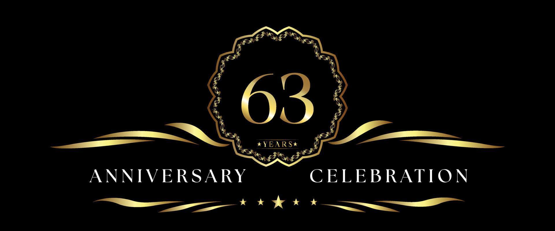 63 years anniversary celebration with gold decorative frame isolated on black background. Vector design for greeting card, birthday party, wedding, event party, ceremony. 63 years Anniversary logo.