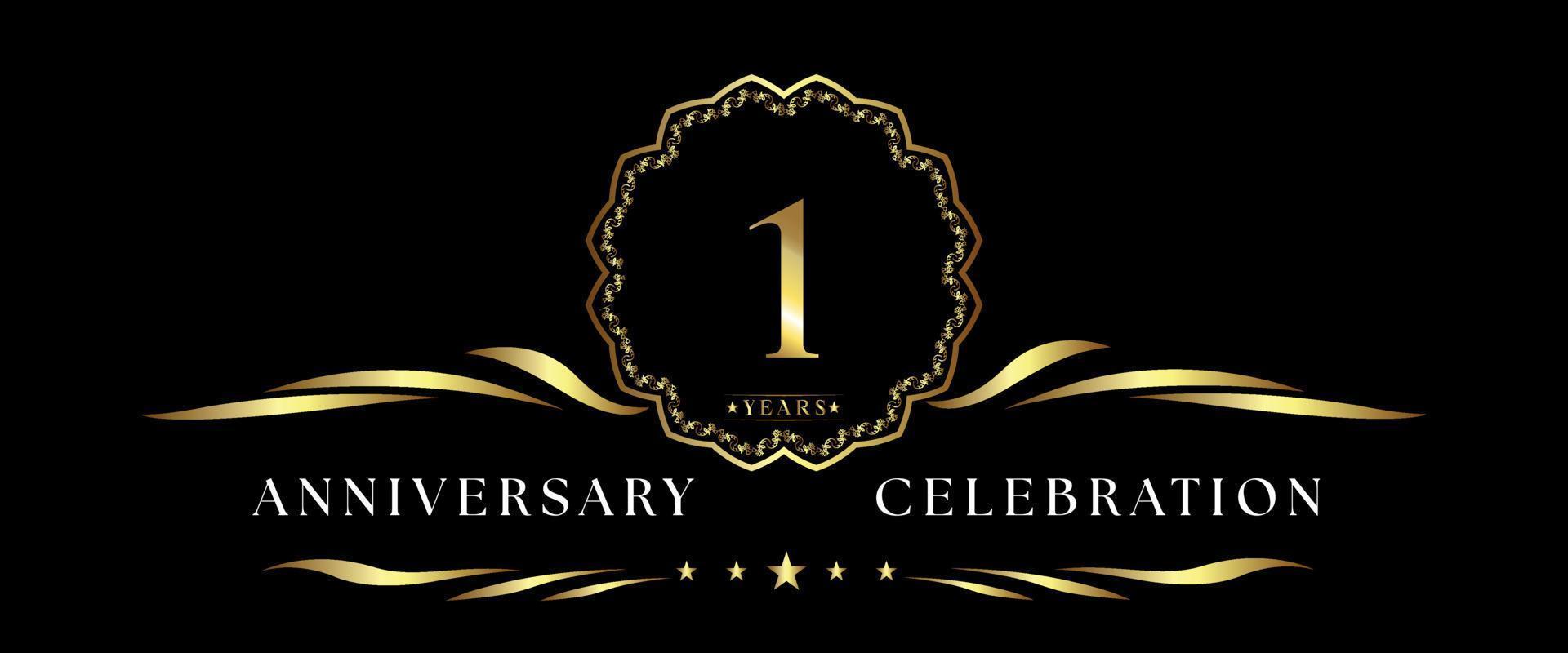 Celebración del aniversario de 1 año con marco decorativo dorado aislado en fondo negro. diseño vectorial para tarjetas de felicitación, fiesta de cumpleaños, boda, fiesta de eventos, ceremonia. Logotipo de aniversario de 1 año. vector