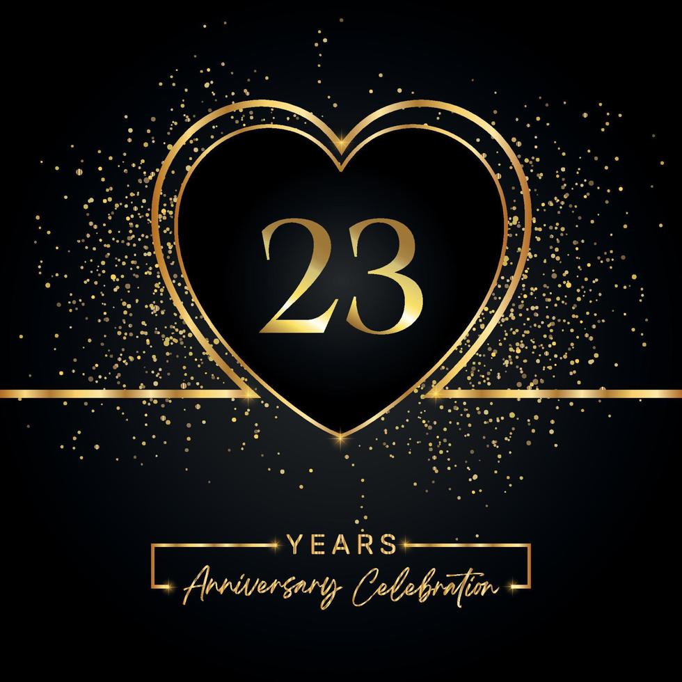 23 years anniversary celebration with gold heart and gold glitter on black background. Vector design for greeting, birthday party, wedding, event party. 23 years anniversary logo